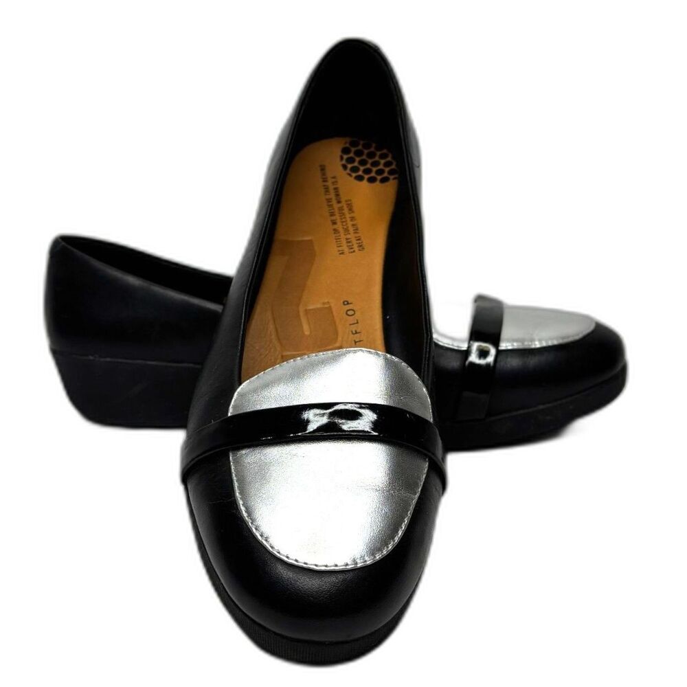 FitFlop Black Silver Leather‎ Wedge Loafers Super Comfort Size 11.5
